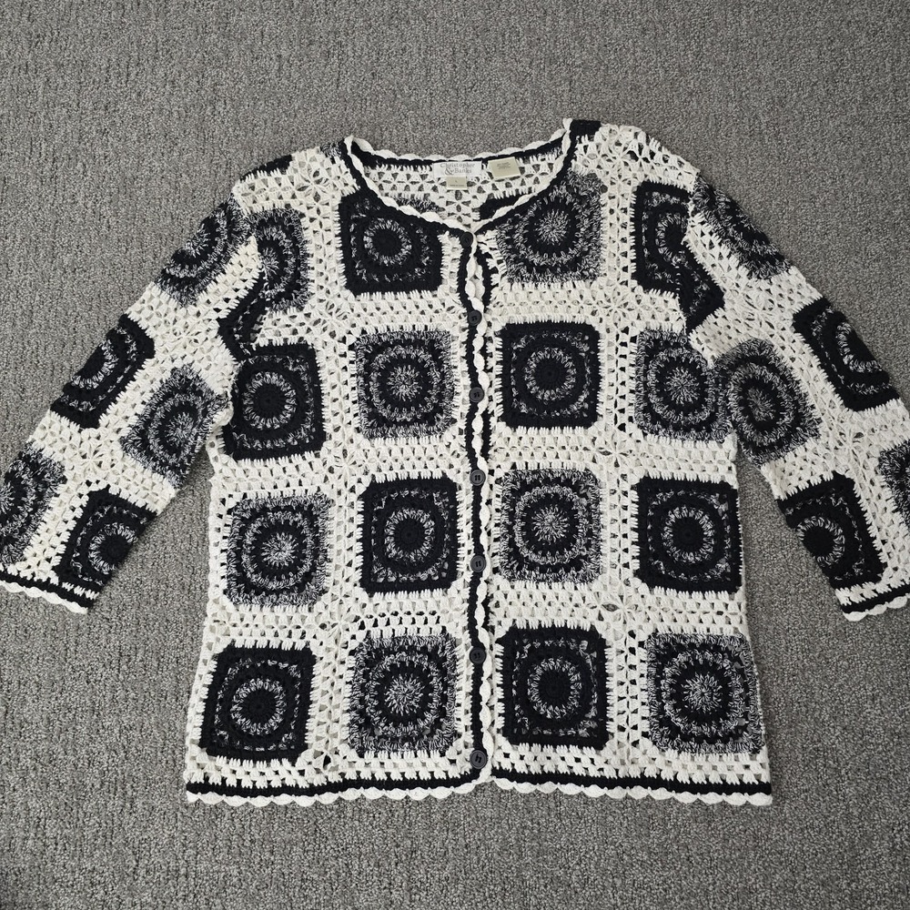 Crochet Granny Square Cardigan Black White Button Front Boho Festival L